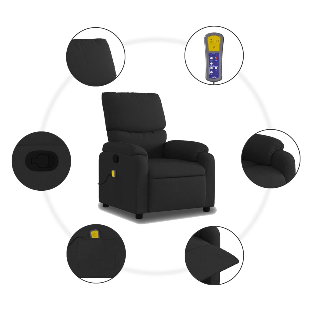 vidaXL Massage Recliner Chair Black Fabric-4