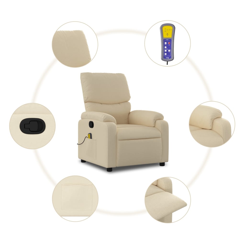 vidaXL Massage Recliner Chair Cream Fabric-4