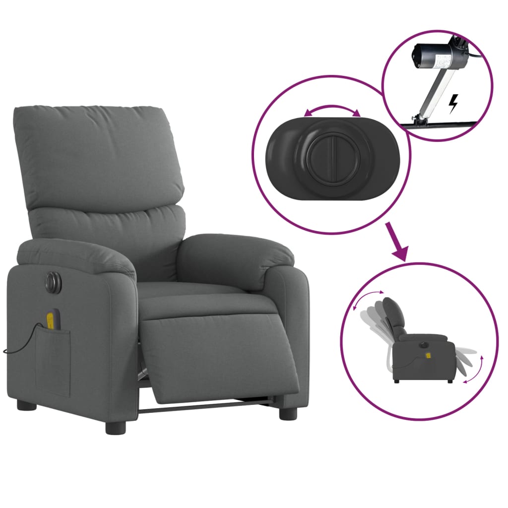 vidaXL Electric Massage Recliner Chair Dark Gray Fabric-3