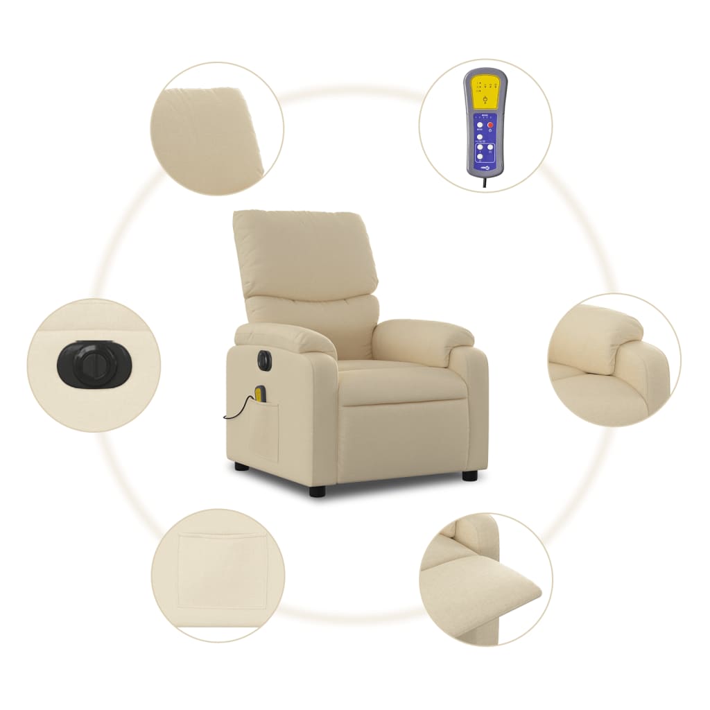 vidaXL Electric Massage Recliner Chair Cream Fabric-5