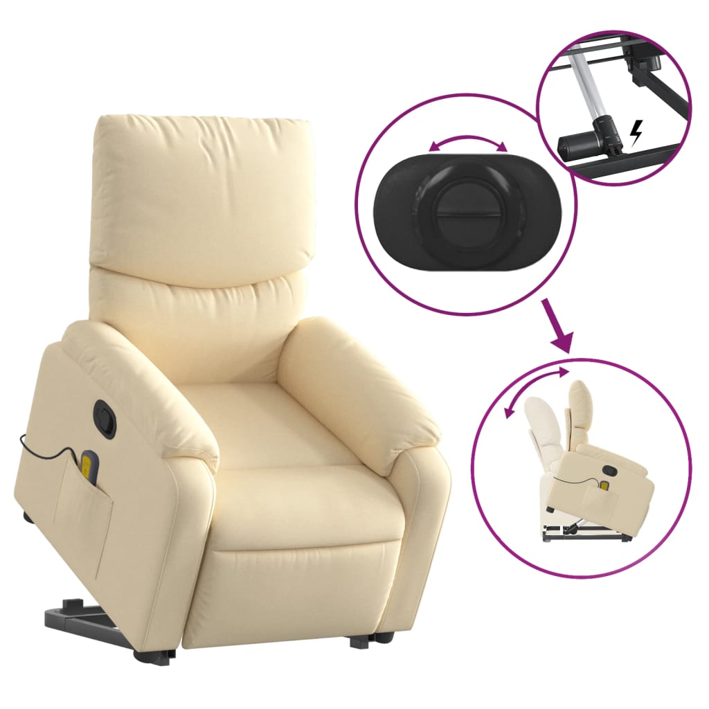 vidaXL Stand up Massage Recliner Chair Cream Fabric-3