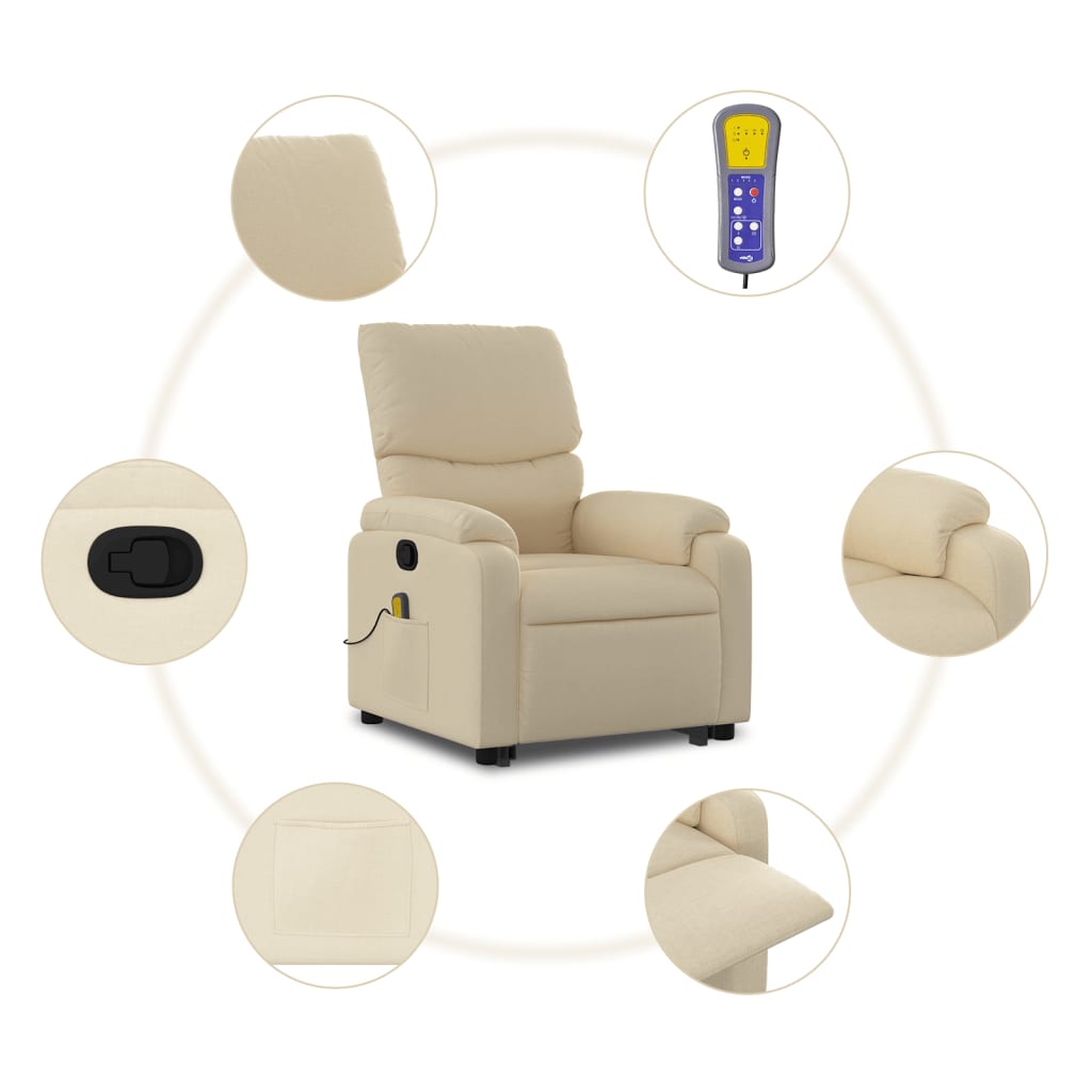 vidaXL Stand up Massage Recliner Chair Cream Fabric-5