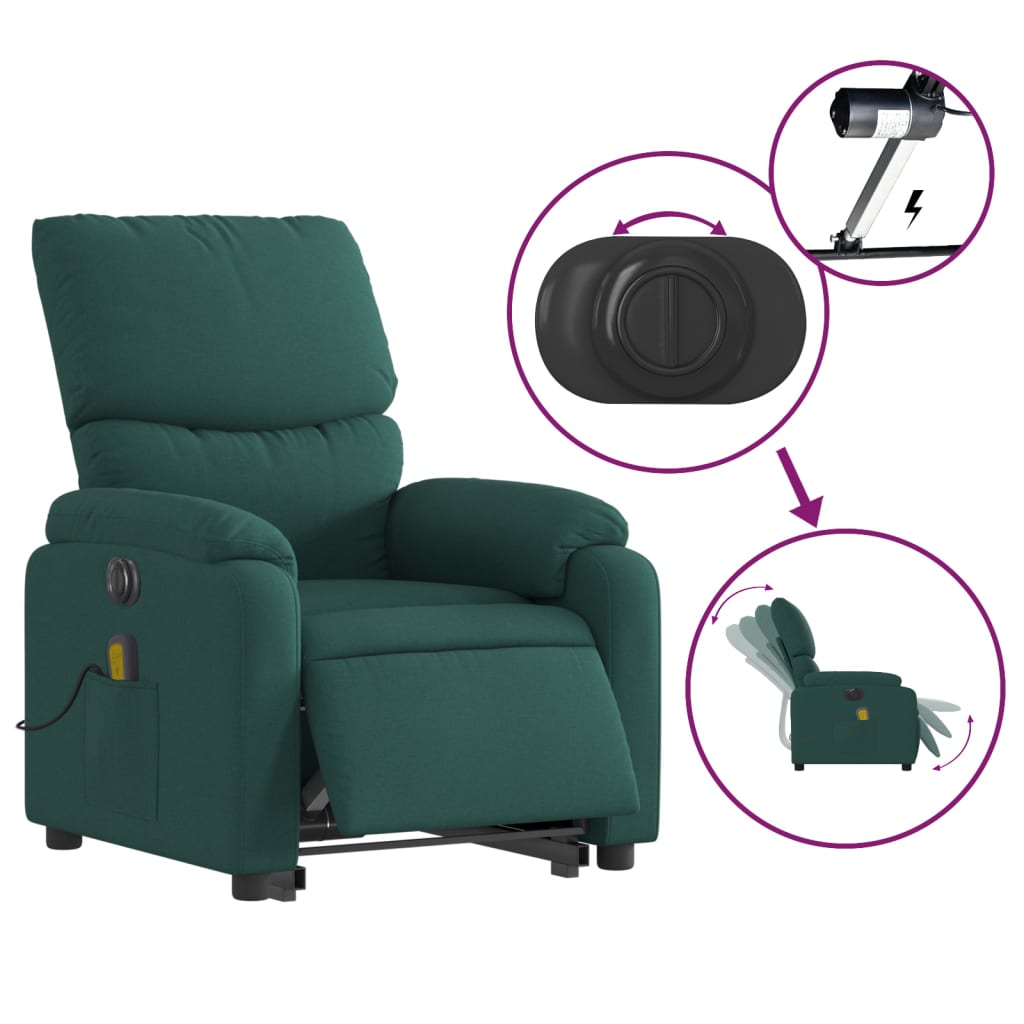 vidaXL Electric Stand up Massage Recliner Chair Dark Green Fabric-3