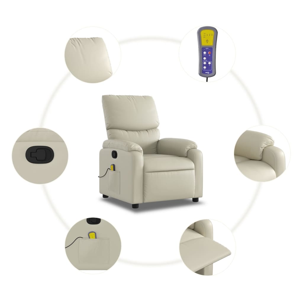 vidaXL Massage Recliner Chair Cream Faux Leather-4