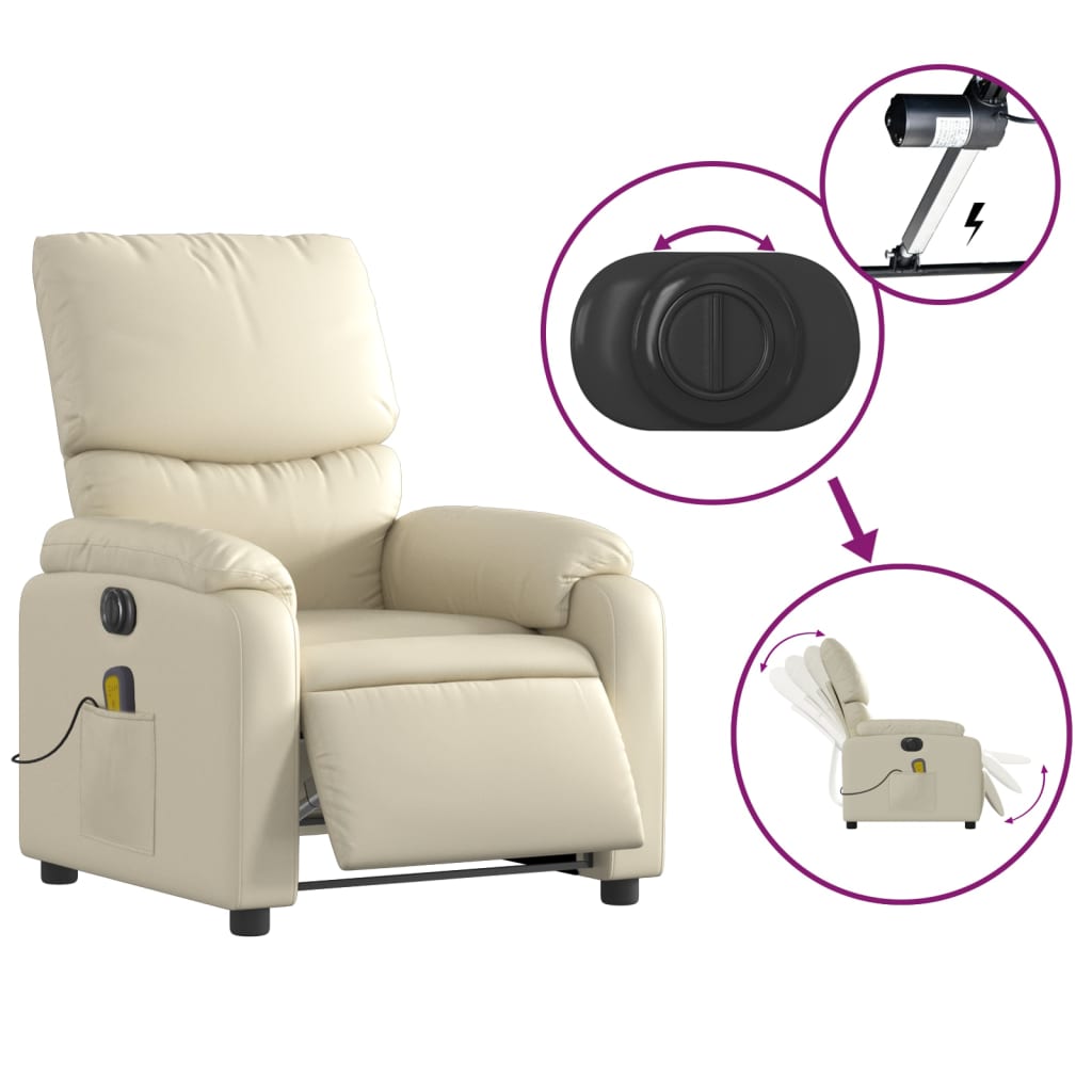 vidaXL Electric Massage Recliner Chair Cream Faux Leather-3