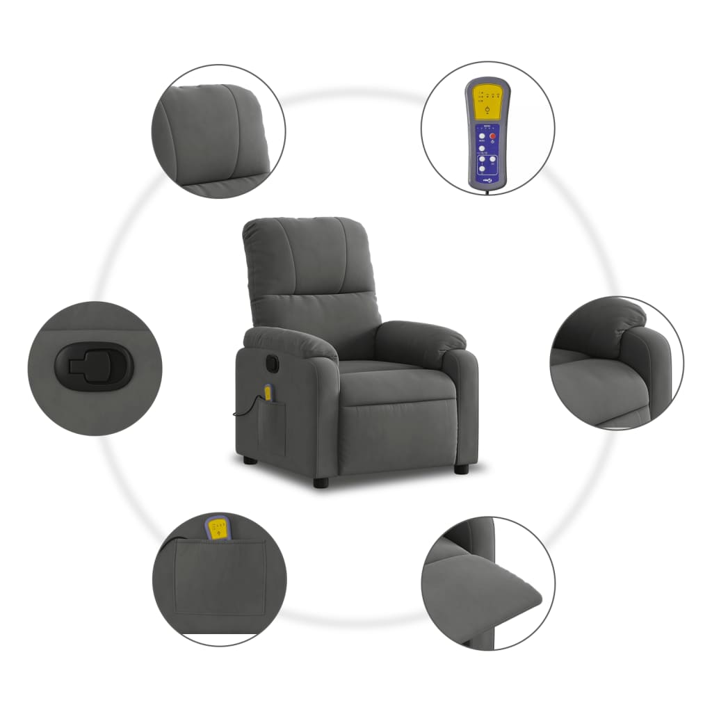 vidaXL Massage Recliner Chair Dark Gray Microfiber Fabric-4