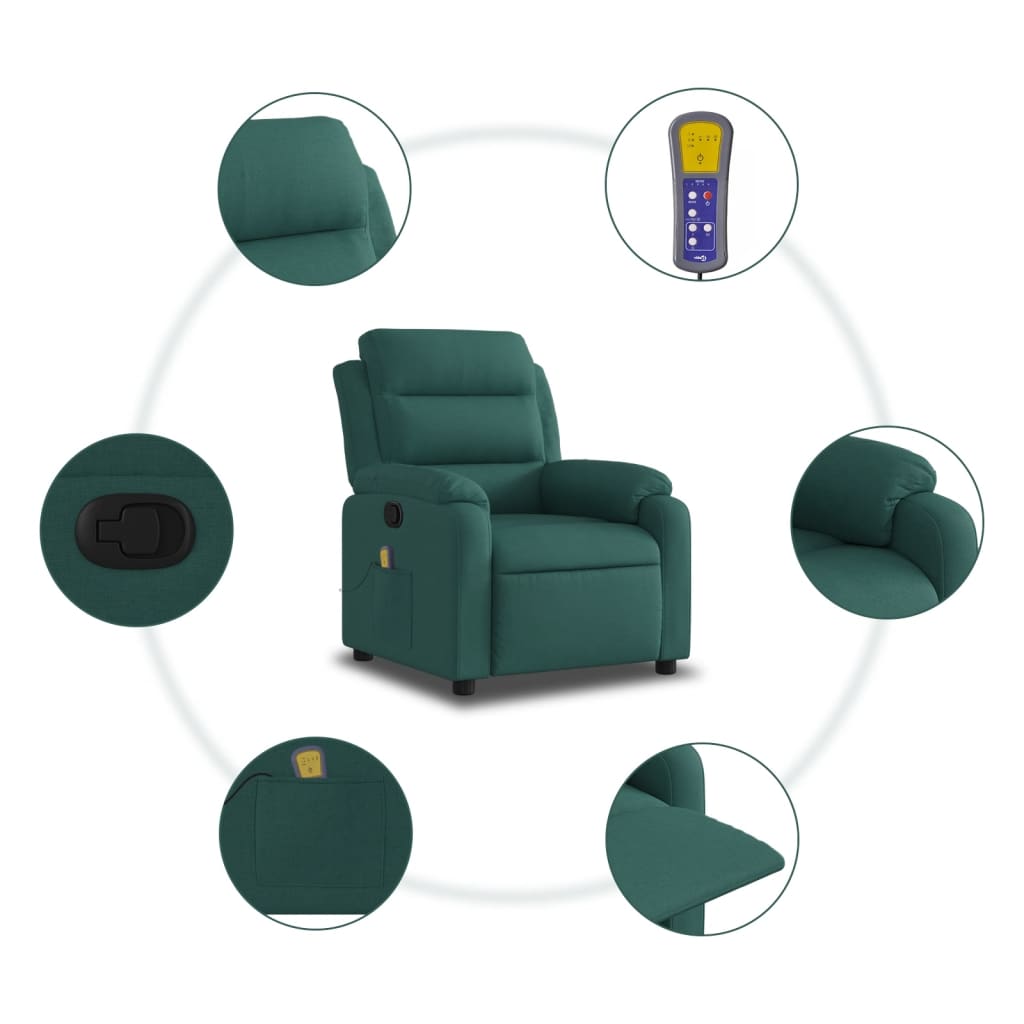 vidaXL Massage Recliner Chair Dark Green Fabric-4