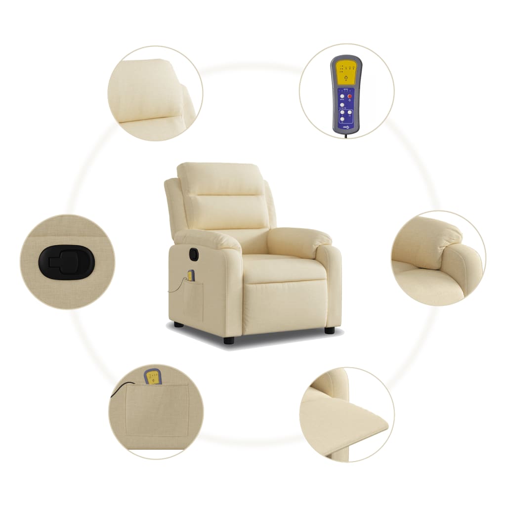 vidaXL Massage Recliner Chair Cream Fabric-4