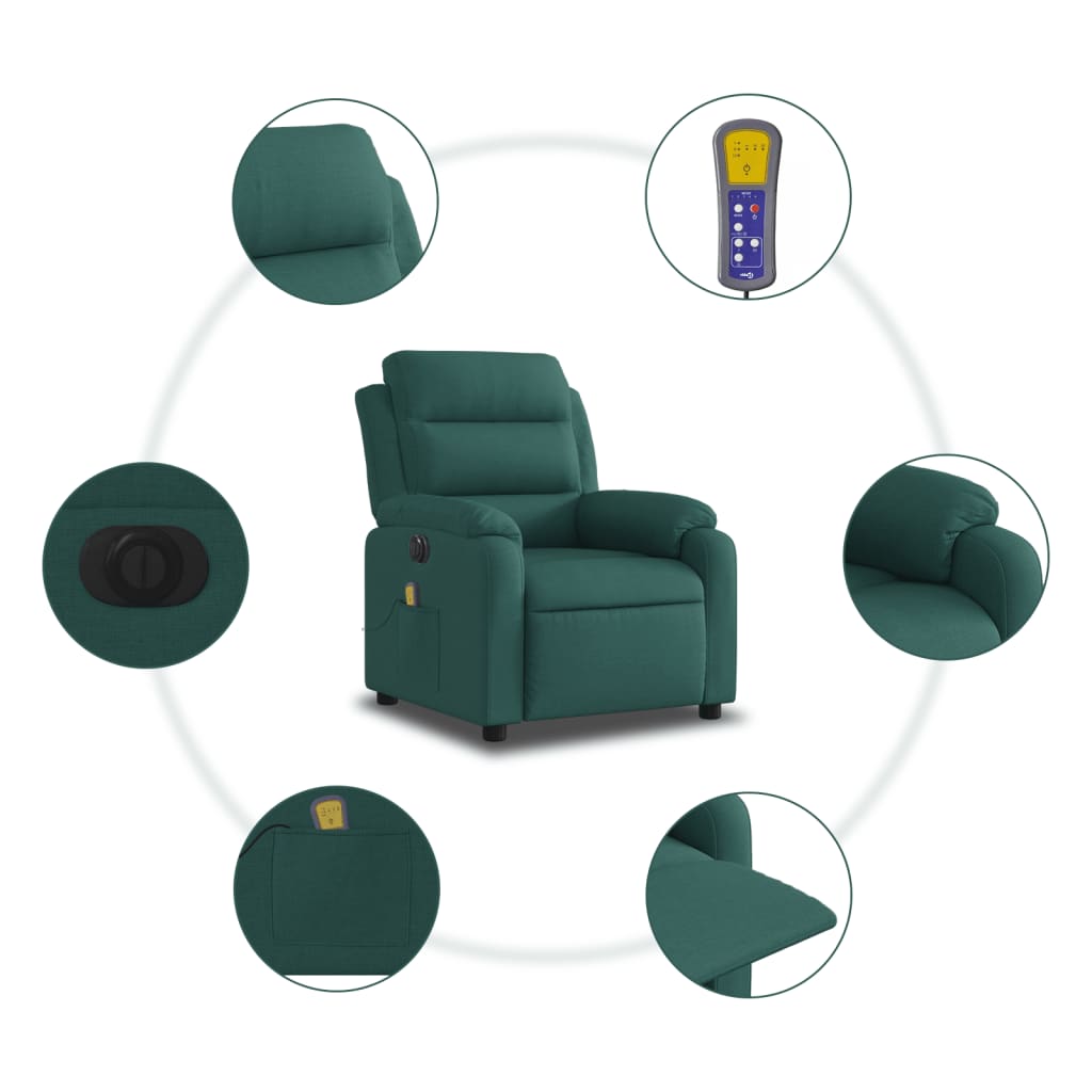 vidaXL Electric Massage Recliner Chair Dark Green Fabric-4