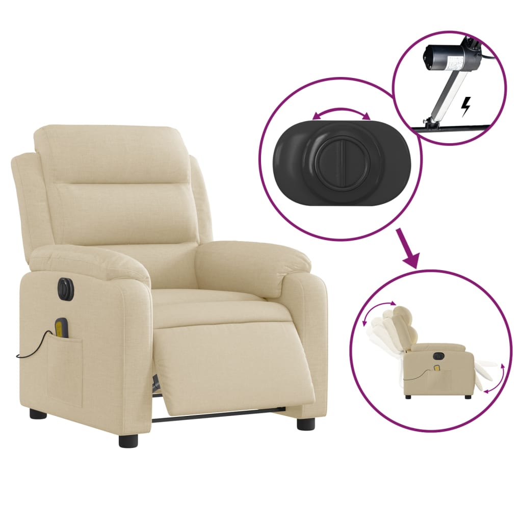 vidaXL Electric Massage Recliner Chair Cream Fabric-2