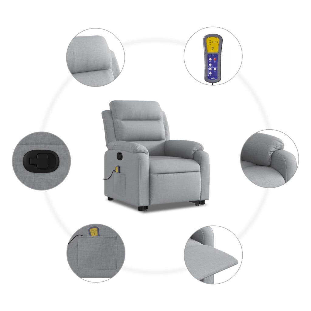 vidaXL Stand up Massage Recliner Chair Light Gray Fabric-6