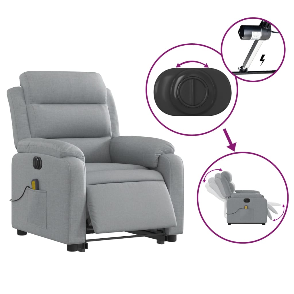 vidaXL Electric Stand up Massage Recliner Chair Light Gray Fabric-3