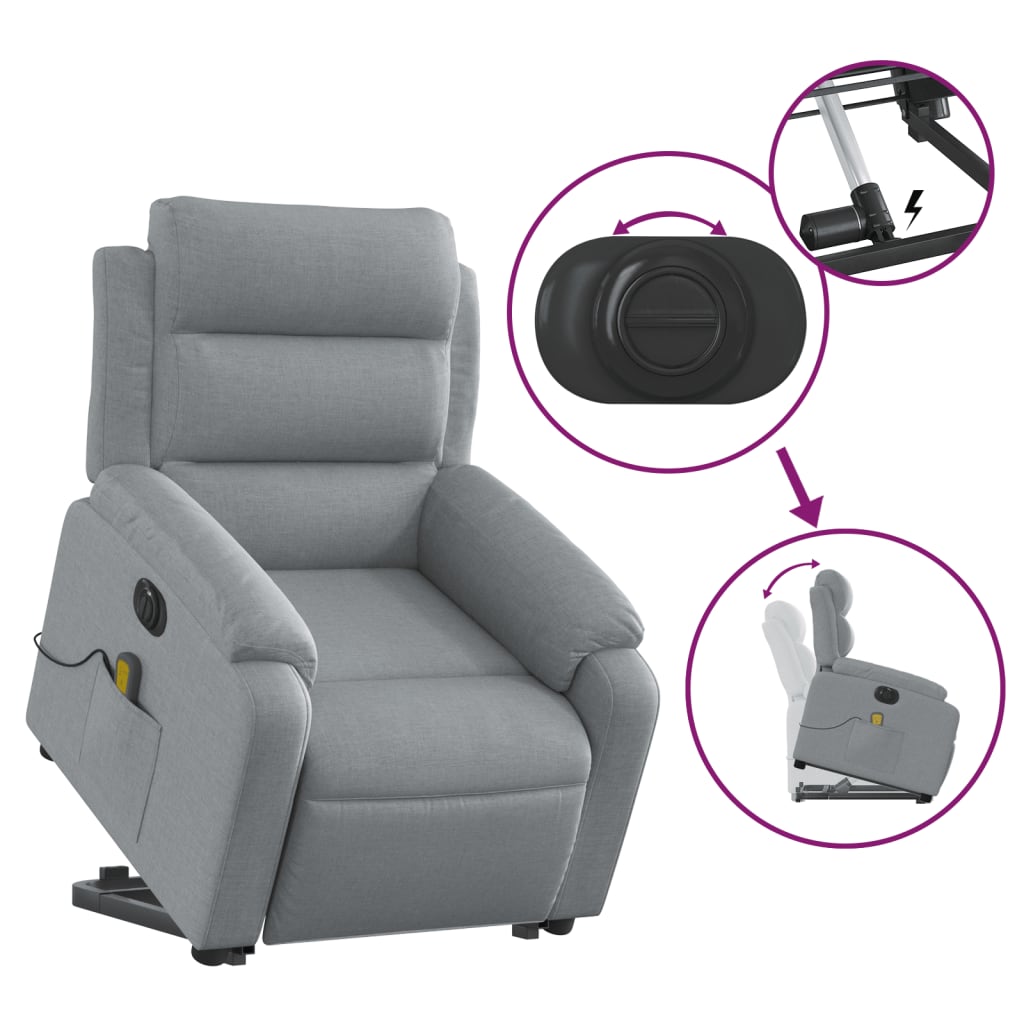 vidaXL Electric Stand up Massage Recliner Chair Light Gray Fabric-7