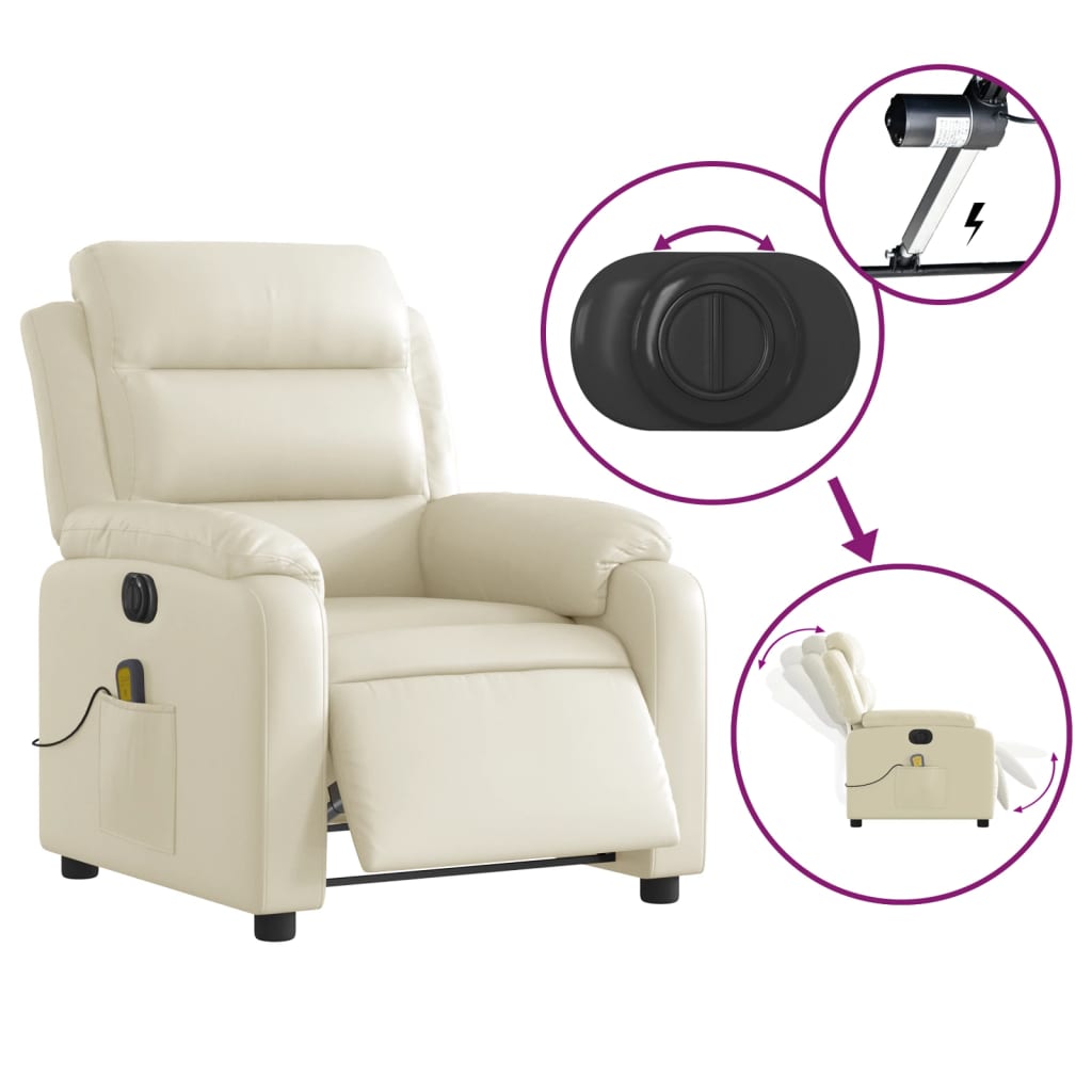 vidaXL Electric Massage Recliner Chair Cream Faux Leather-3