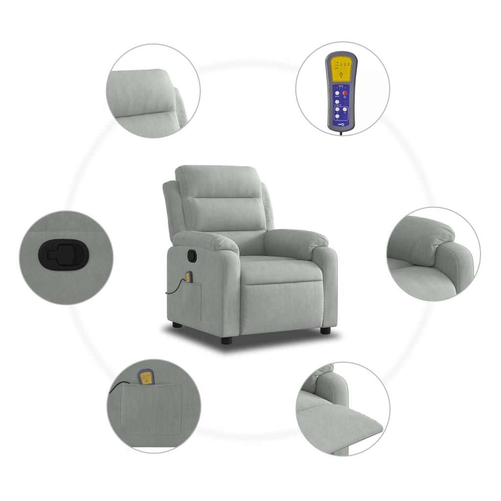 vidaXL Massage Recliner Chair Light Gray Velvet-3