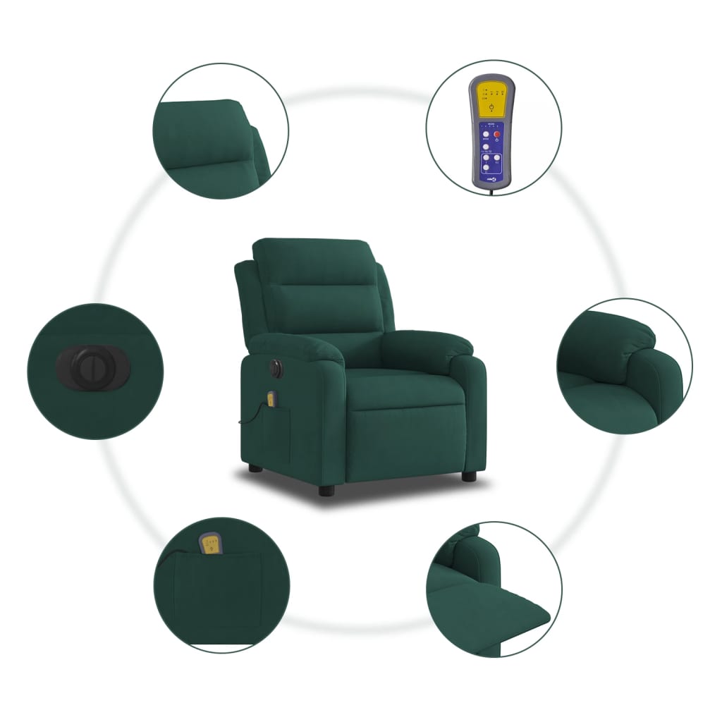 vidaXL Electric Massage Recliner Chair Dark Green Velvet-5