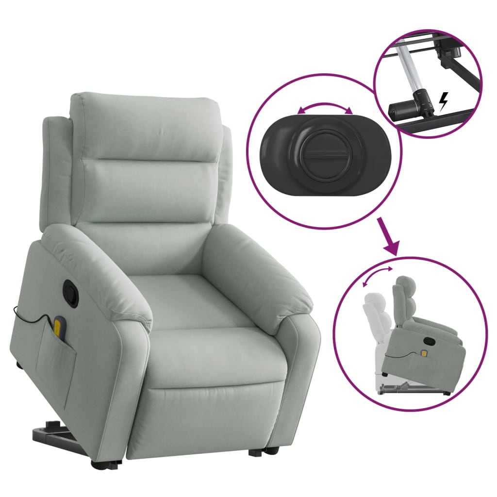 vidaXL Stand up Massage Recliner Chair Light Gray Velvet-3