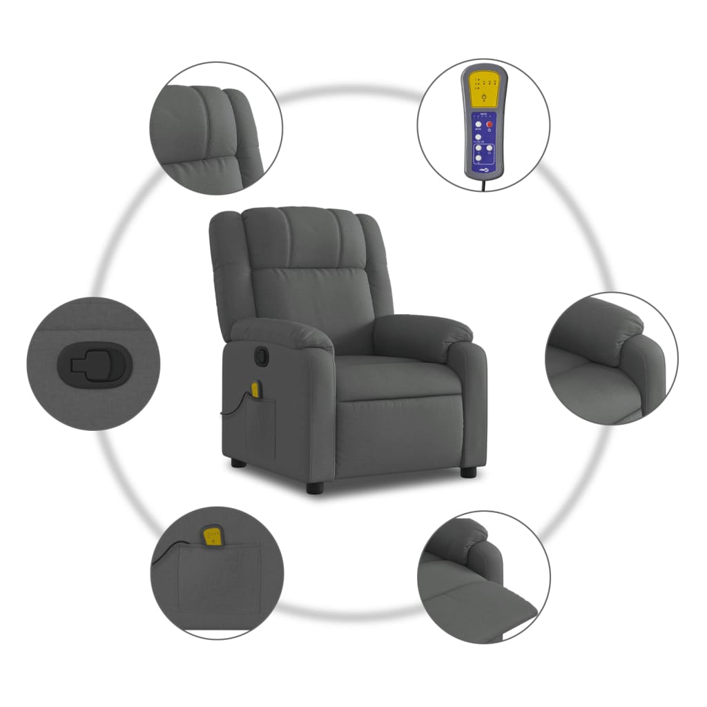 vidaXL Massage Recliner Chair Dark Gray Fabric-4