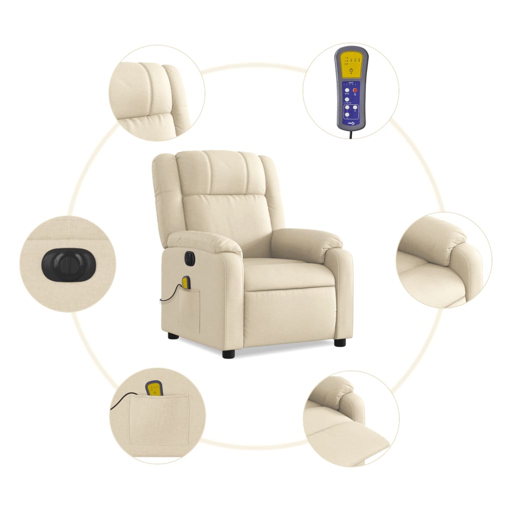 vidaXL Electric Massage Recliner Chair Cream Fabric-5