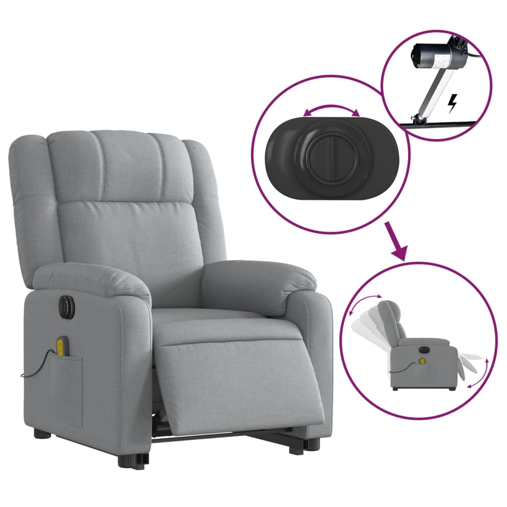 vidaXL Electric Stand up Massage Recliner Chair Light Gray Fabric-3