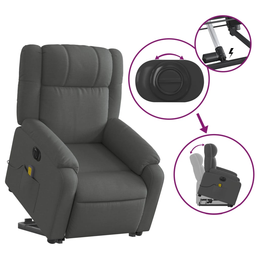 vidaXL Electric Stand up Massage Recliner Chair Dark Gray Fabric-7