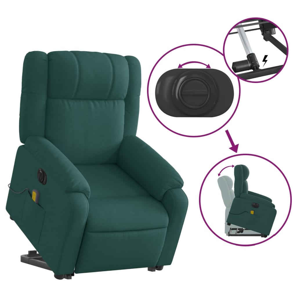 vidaXL Electric Stand up Massage Recliner Chair Dark Green Fabric-7