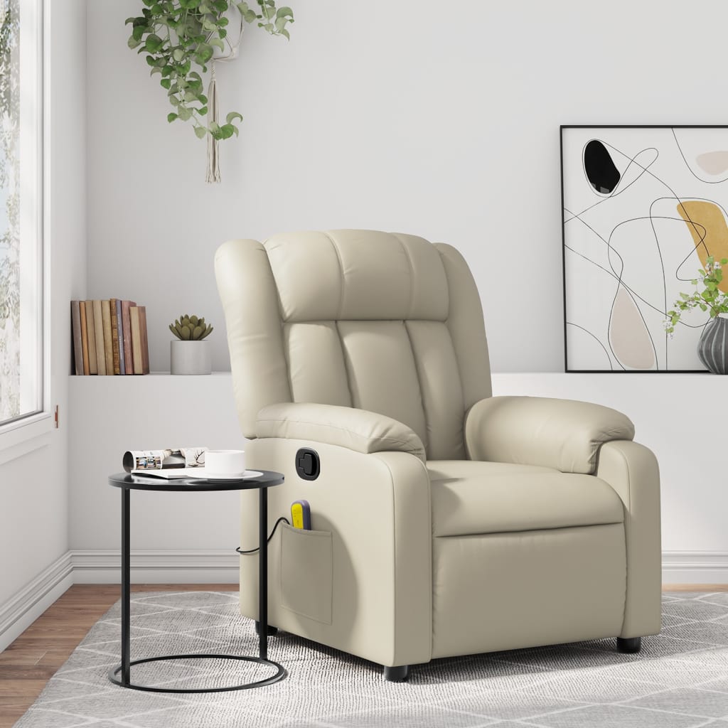 vidaXL Massage Recliner Chair Cream Faux Leather-0