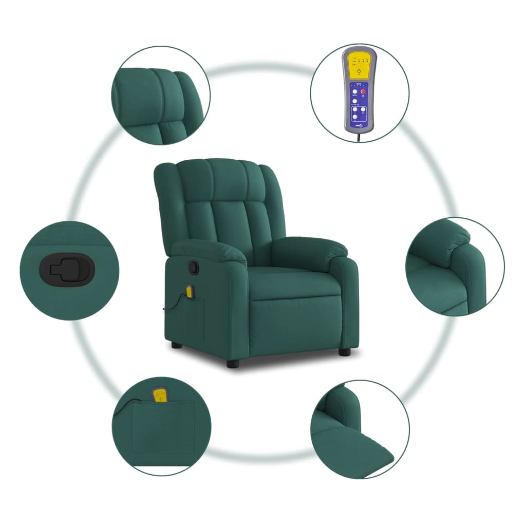 vidaXL Massage Recliner Chair Dark Green Fabric-4