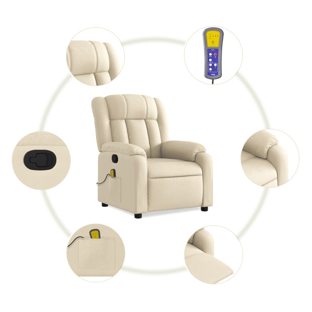 vidaXL Massage Recliner Chair Cream Fabric-3