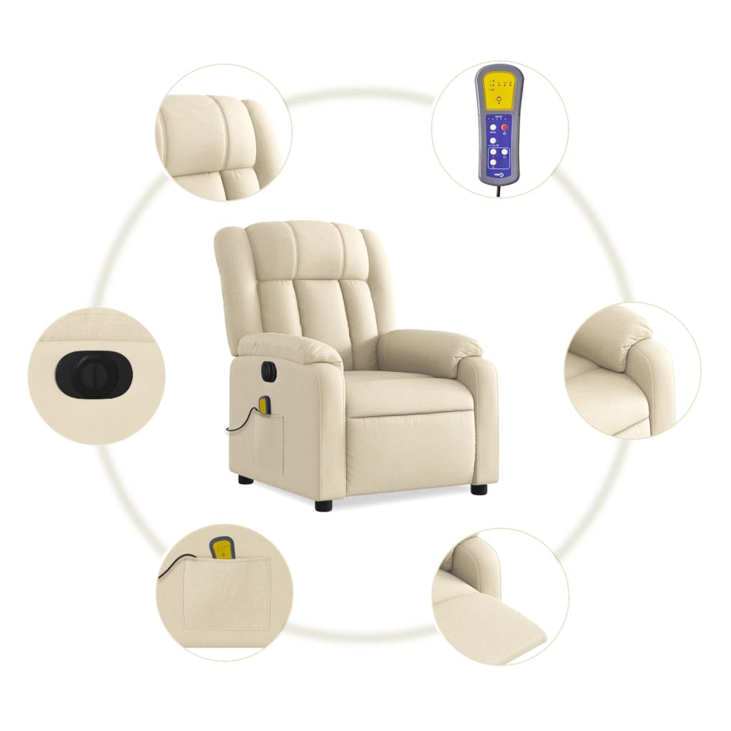 vidaXL Electric Massage Recliner Chair Cream Fabric-5