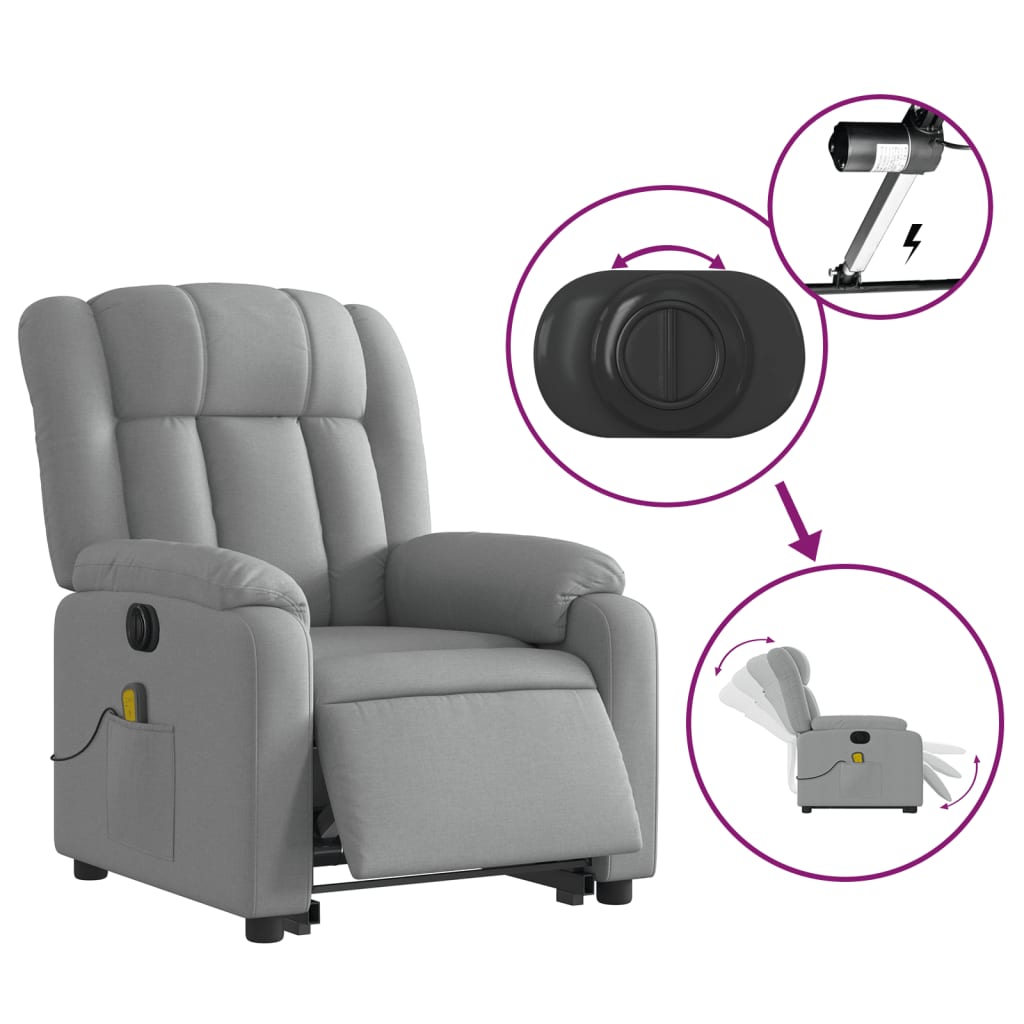 vidaXL Electric Stand up Massage Recliner Chair Light Gray Fabric-3