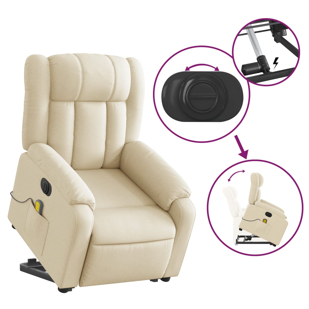 vidaXL Electric Stand up Massage Recliner Chair Cream Fabric-7