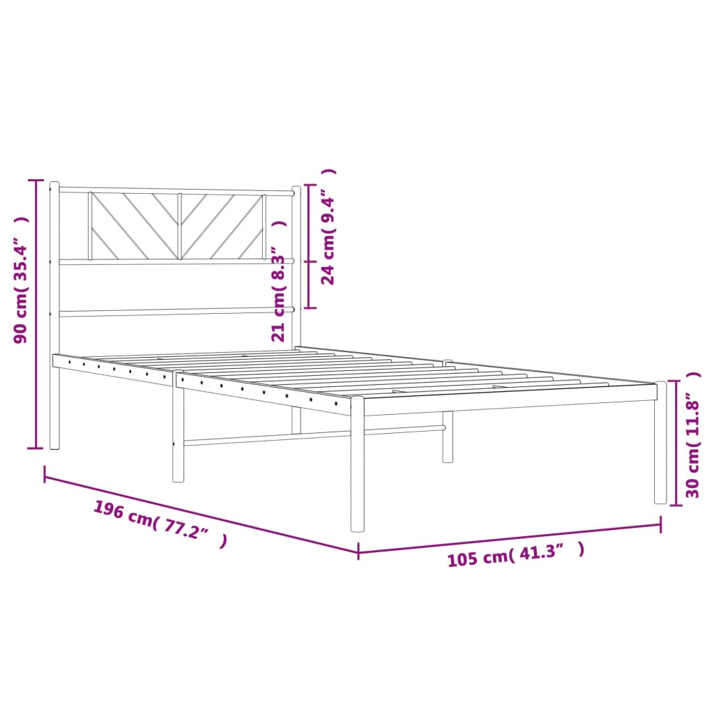 vidaXL Metal Bed Frame with Headboard Black 39.4"x74.8" Twin-7