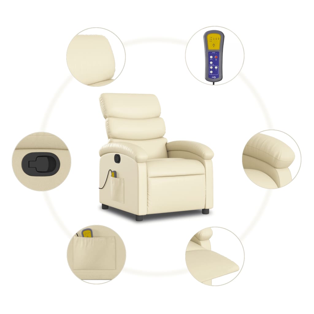 vidaXL Massage Recliner Chair Cream Faux Leather-6