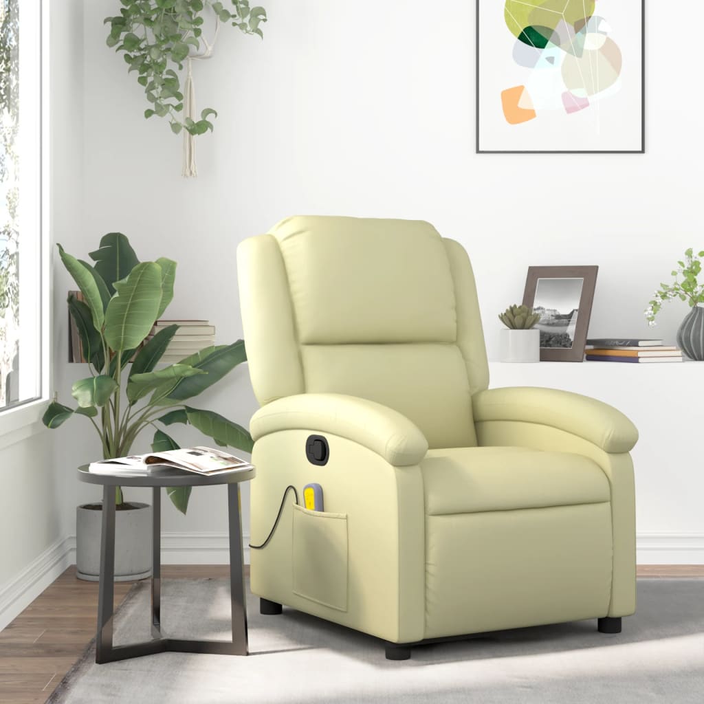 vidaXL Massage Recliner Chair Cream Real Leather-0