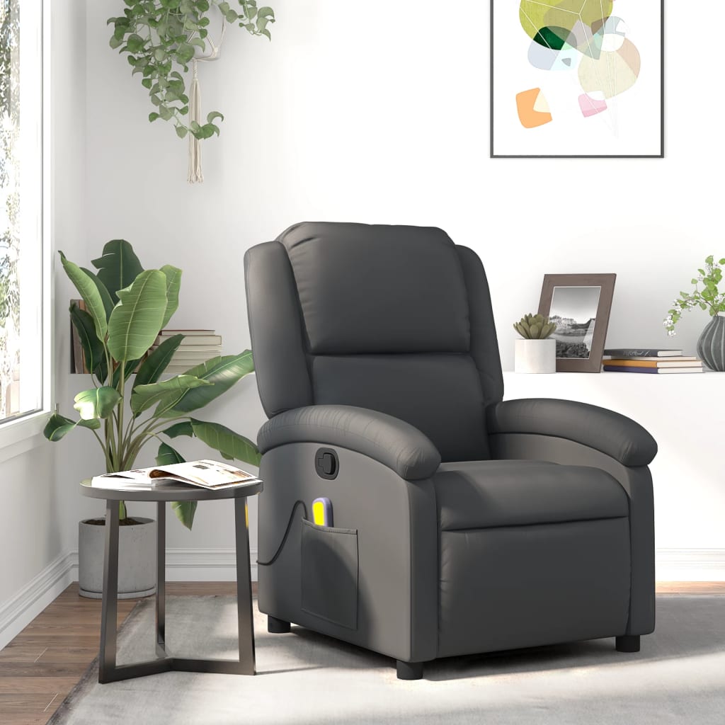 vidaXL Massage Recliner Chair Gray Real Leather-0