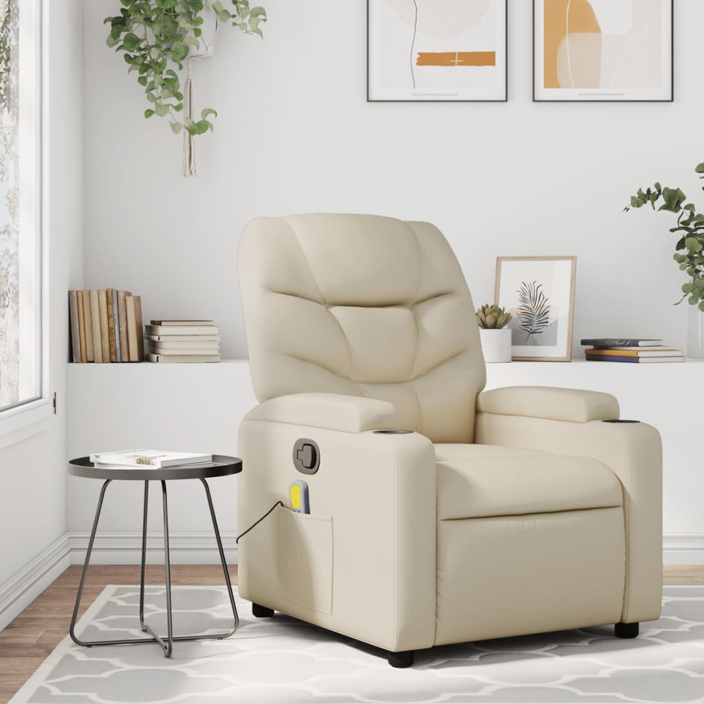 vidaXL Massage Recliner Chair Cream Faux Leather-0