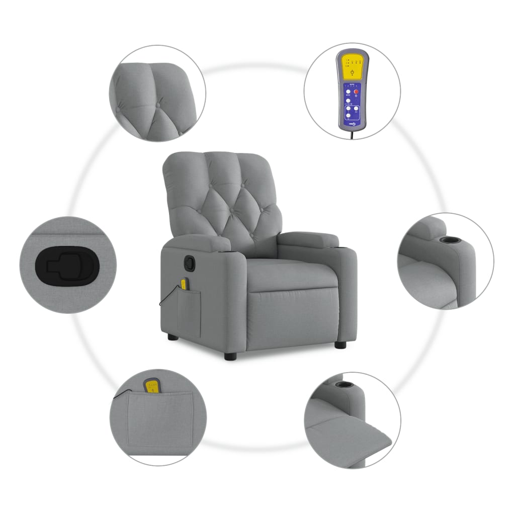 vidaXL Massage Recliner Chair Light Gray Fabric-5