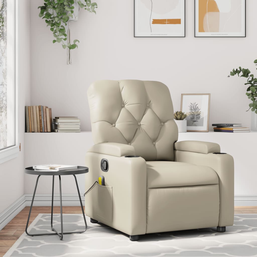 vidaXL Massage Recliner Chair Cream Faux Leather-0