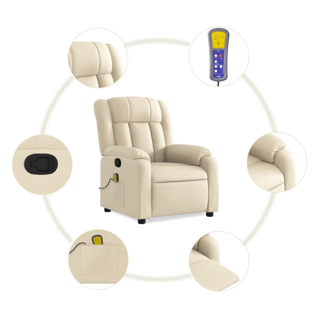 vidaXL Massage Recliner Chair Cream Fabric-4