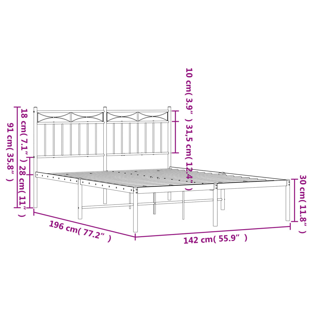 vidaXL Metal Bed Frame with Headboard Black 53.1"x74.8"-7