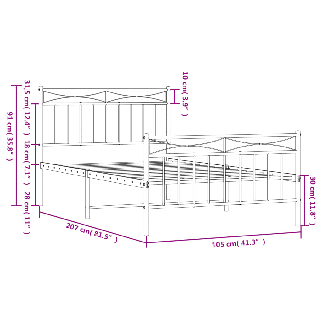 vidaXL Metal Bed Frame with Headboard and Footboard Black 39.4"x78.7"-7