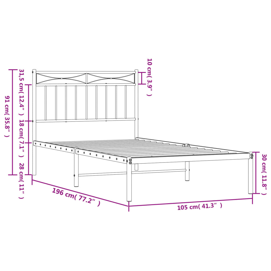 vidaXL Metal Bed Frame with Headboard White 39.4"x74.8" Twin-7