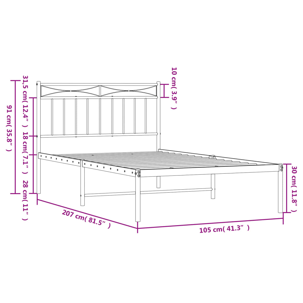 vidaXL Metal Bed Frame with Headboard White 39.4"x78.7"-7