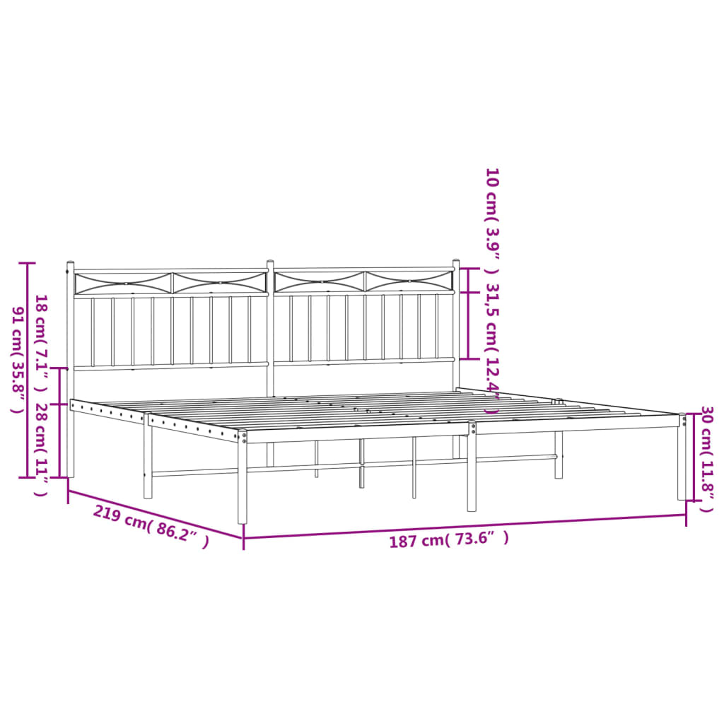 vidaXL Metal Bed Frame with Headboard White 72"x83.9" California King-7