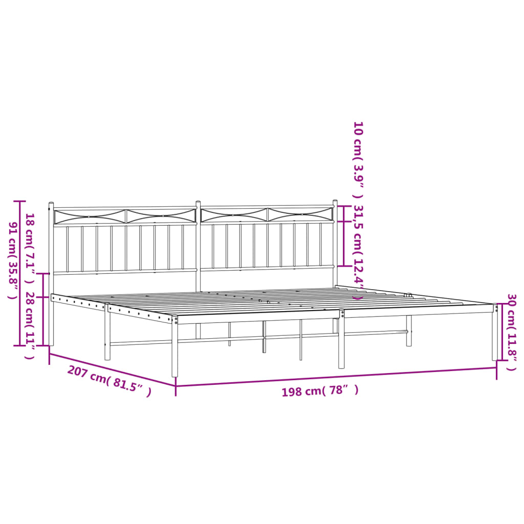 vidaXL Metal Bed Frame with Headboard White 76"x79.9" King-7