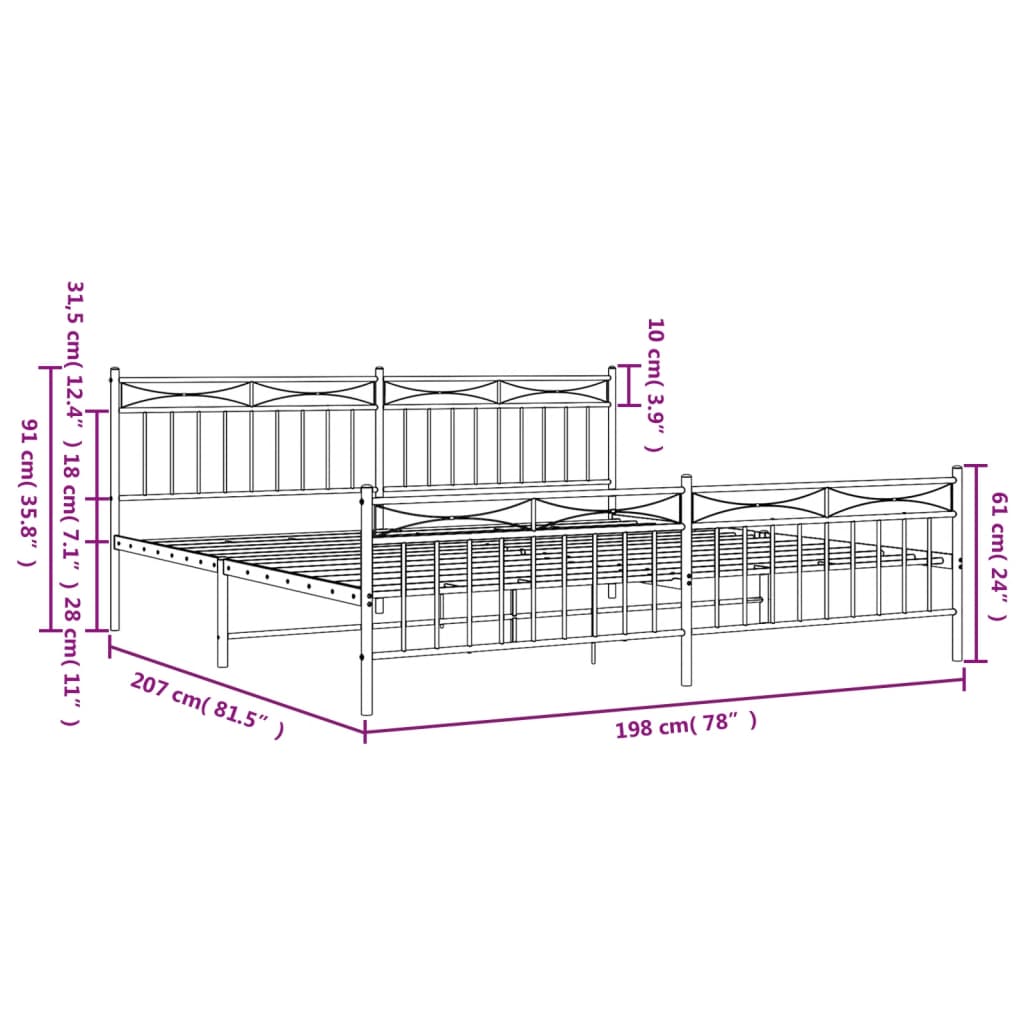 vidaXL Metal Bed Frame with Headboard and Footboard White 76"x79.9" King-7