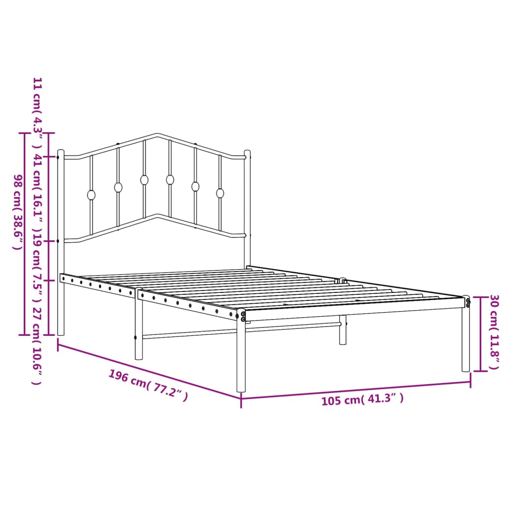 vidaXL Metal Bed Frame with Headboard Black 39.4"x74.8" Twin-7