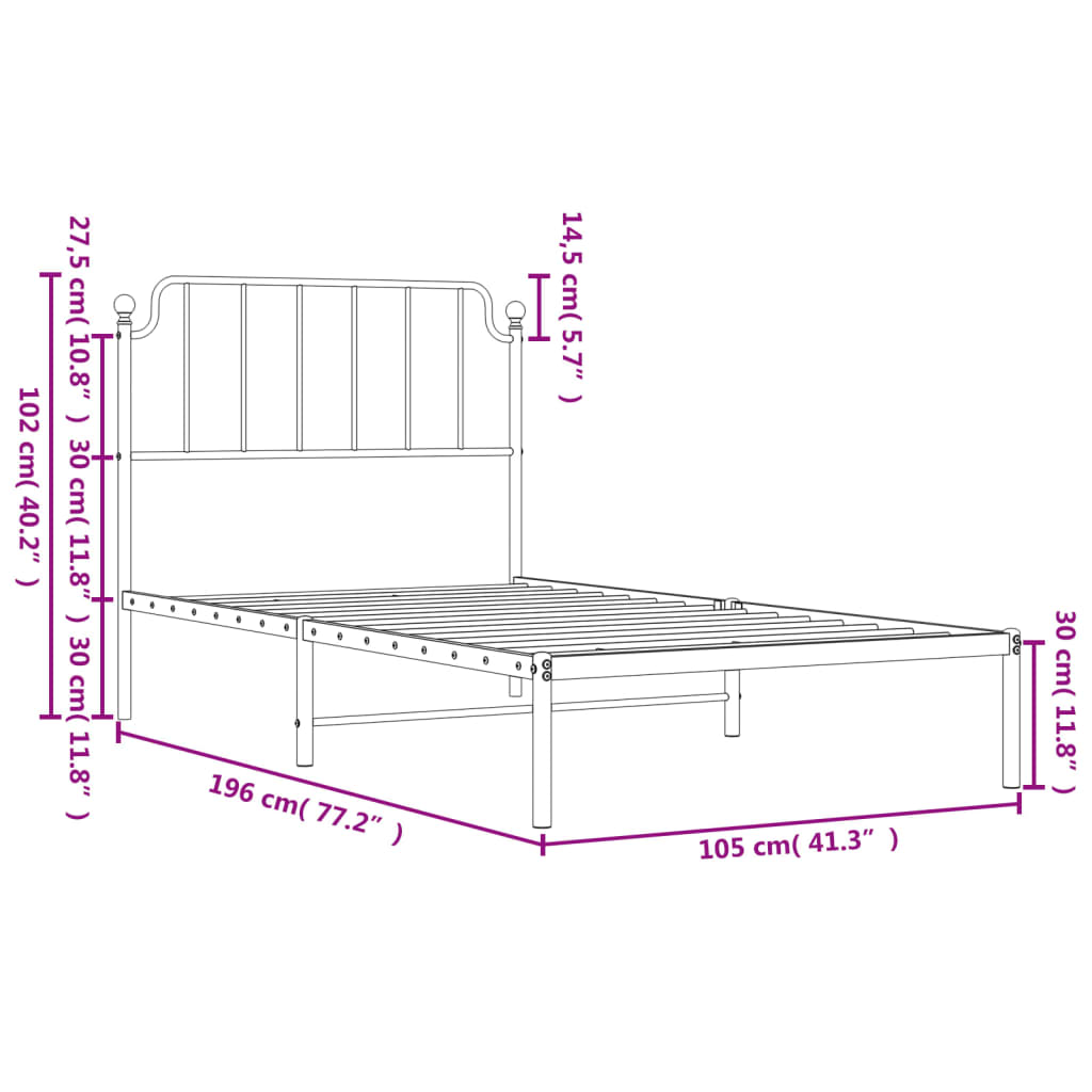 vidaXL Metal Bed Frame with Headboard White 39.4"x74.8" Twin-7