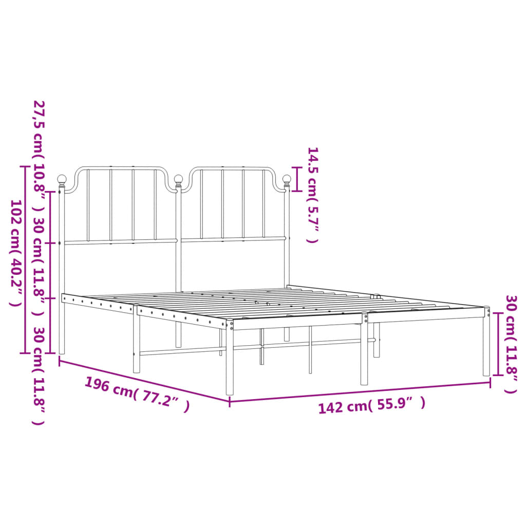 vidaXL Metal Bed Frame with Headboard White 53.1"x74.8"-7